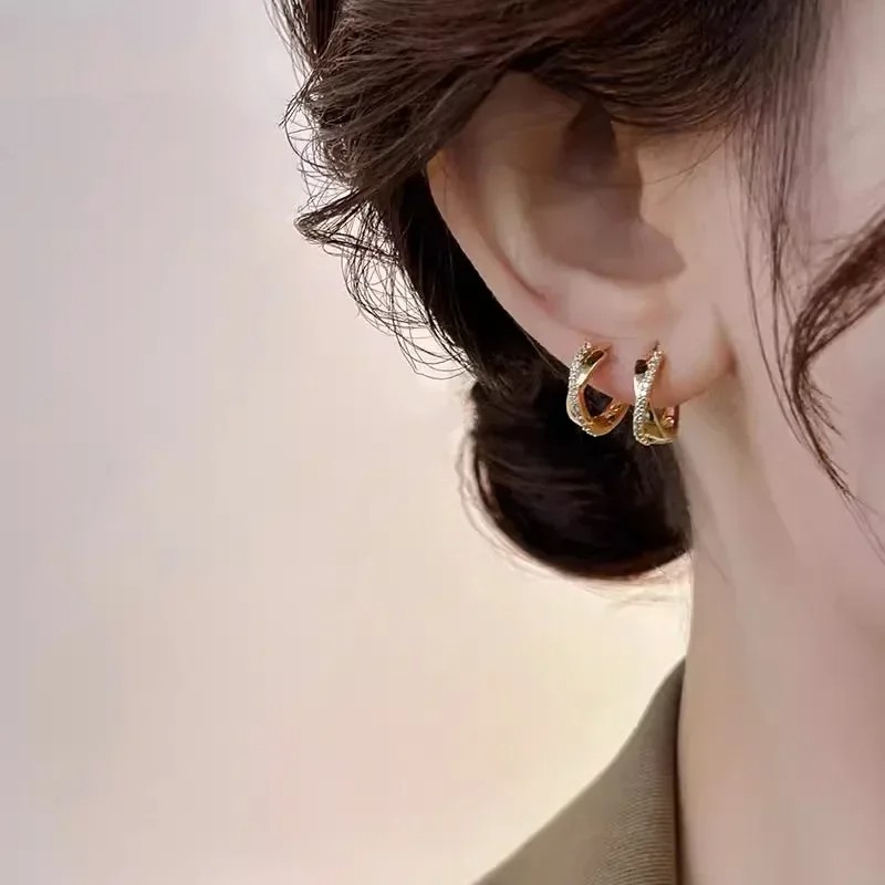 Real 925 Sterling Silver 14K Gold Hollow Cross Wave Zircon Hoop Earrings for Women