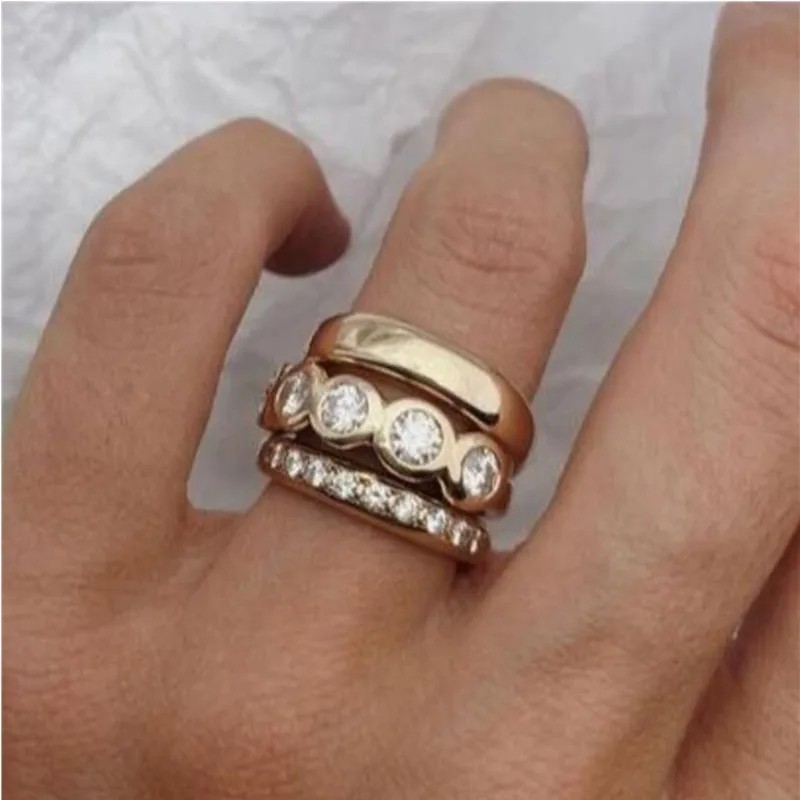 ORZTOON Fashion 2025 New Geometric Inlay Zircon Three-Piece Exquisite Ring for Women