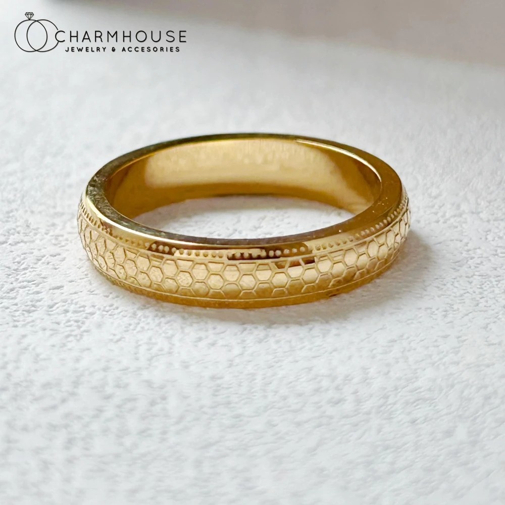 Stainless Steel Rings for Men and Women Gold Color 4mm Honeycomb Shape Finger Ring