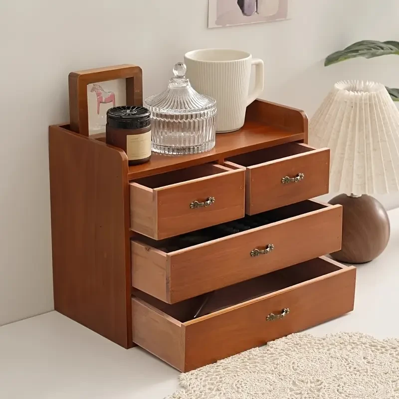 Retro Wooden Desktop Storage Cabinet with Multiple Drawers