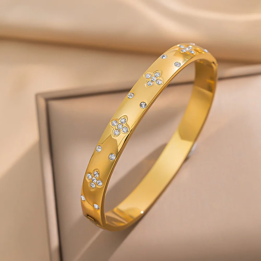 Stainless Steel Bangles Bracelet for Women  Fashion Jewelry with Zirconia Flower Design