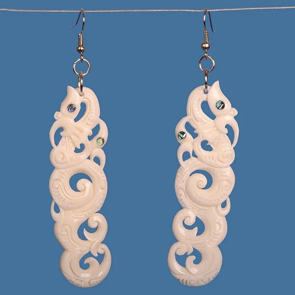 Double Manaia Bone Earrings with Koru