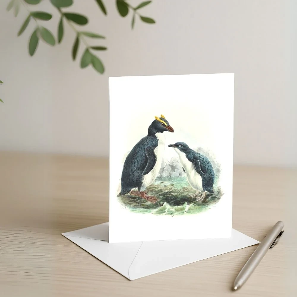 Johannes Keulemans - Card - Fiordland Crested Penguin - Tawaki and Little Penguin - Korora
