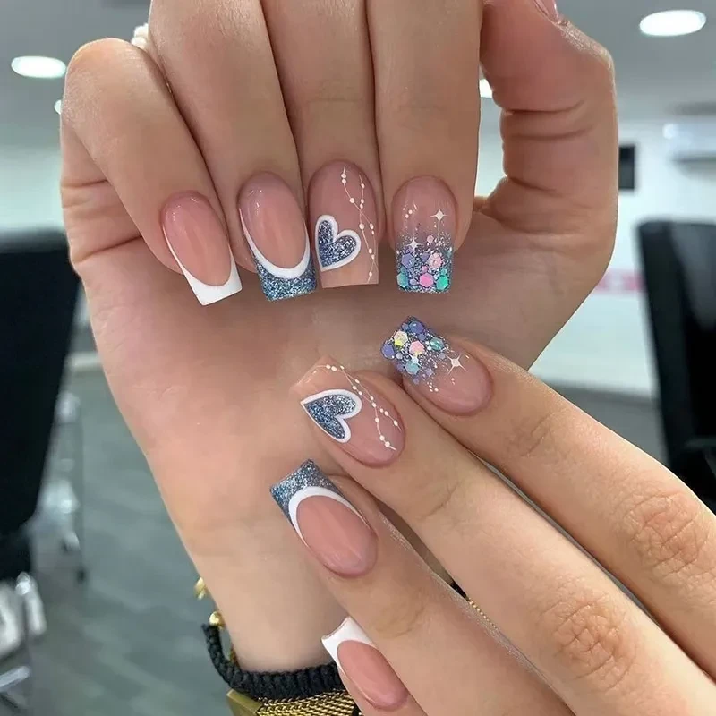 Pink Coffin Acrylic Nails with Glitter