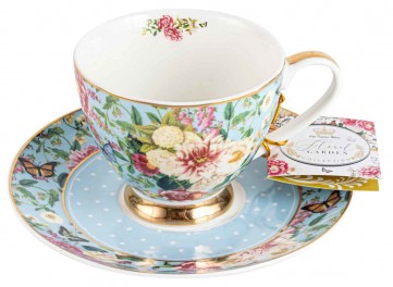 FLORAL GARDEN POWDER BLUE TEACUP AND SAUCER SET