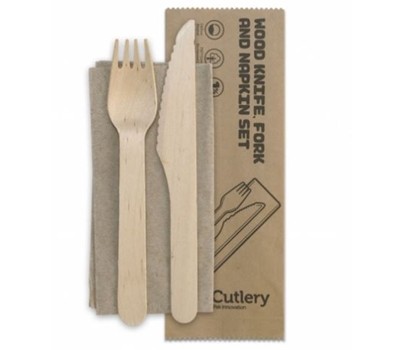 CUTLERY SET KNIFE/FORK/NAPKIN WOOD 16CM 100s/SLV (BIOPAK)