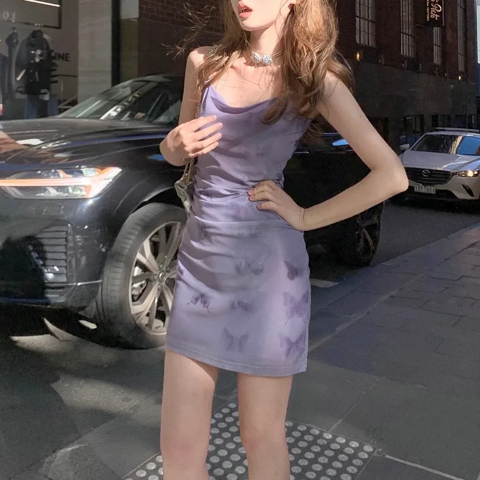 New French Purple Floral Strap Women Dress