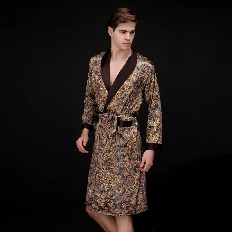 Men's Summer Long Ice Silk Pajamas Nightgown