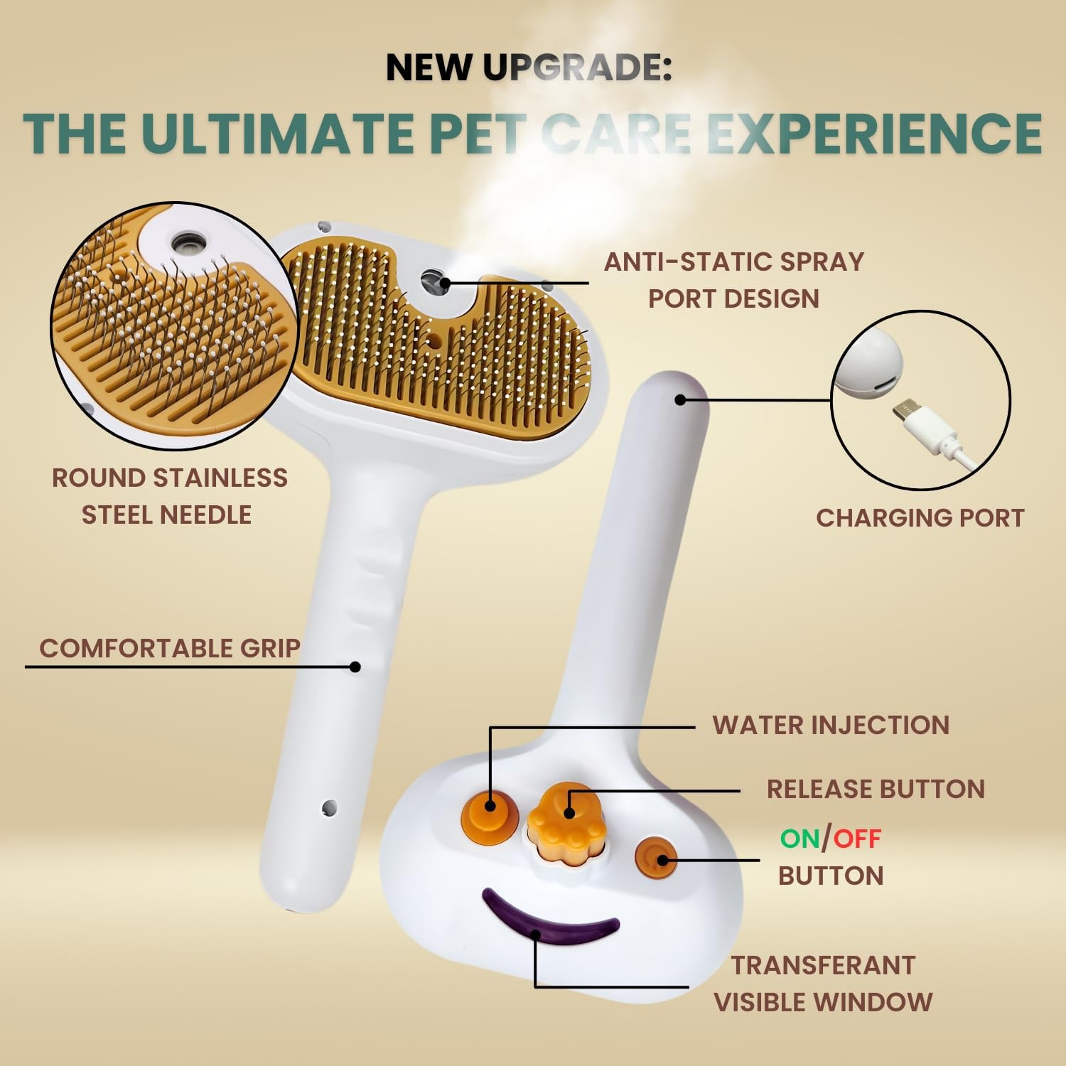 Premium pet brush with steam function