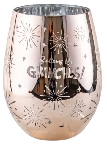**BOTTOMS UP GRINCHES ELECTRO PLATED STEMLESS GLASS