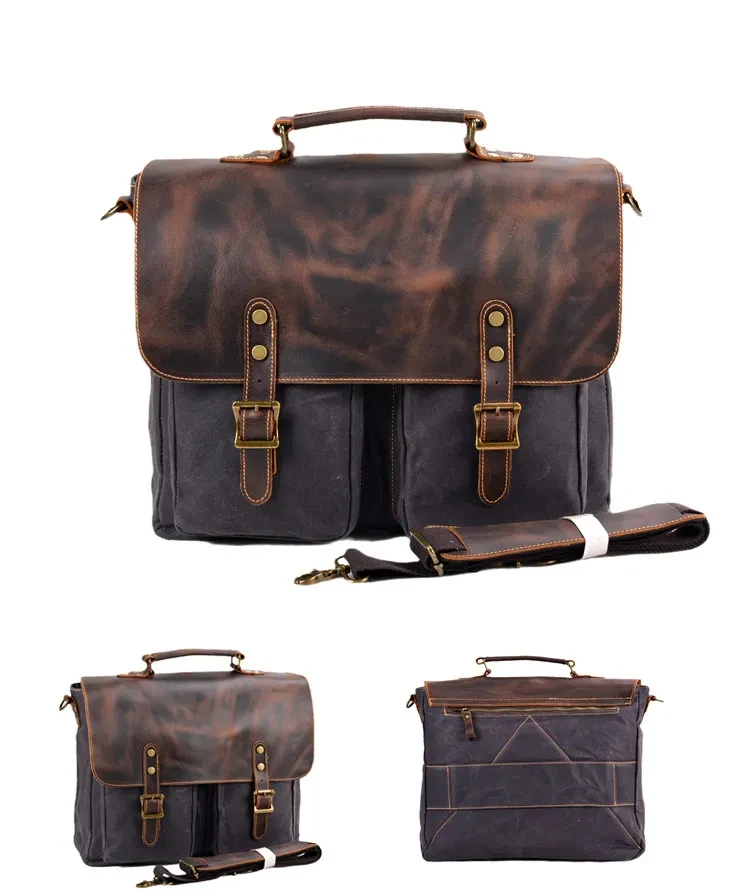Waterproof Canvas Stitching Leather Briefcase Handbag