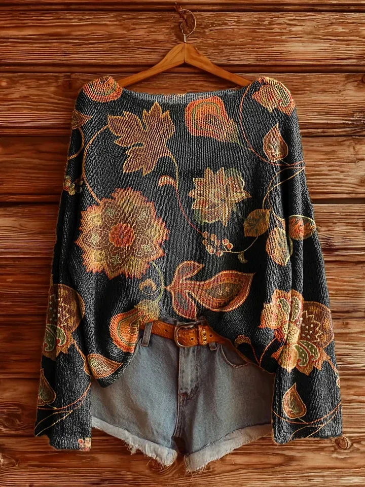 Women's Printed Loose Retro Long-sleeved Brushed Top