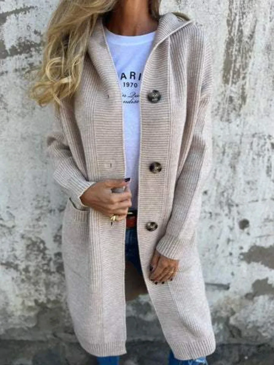 Women's Hooded Knitted Coat With Pockets