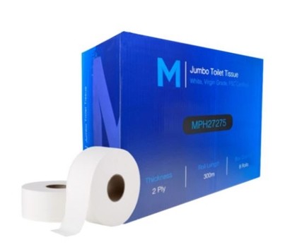 TOILET ROLL JUMBO 300M WHITE 2PLY 8s (MATTHEWS MPH27255)