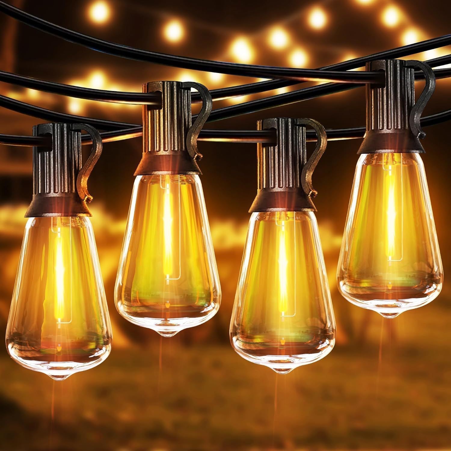 50FT Outdoor String Lights – LED Garden String Lights with Shatterproof ST38 Solar Retro Bulbs, Waterproof, Exterior Pendant Lights for Porch, Backyard, Cafe, Balcony, Bistro