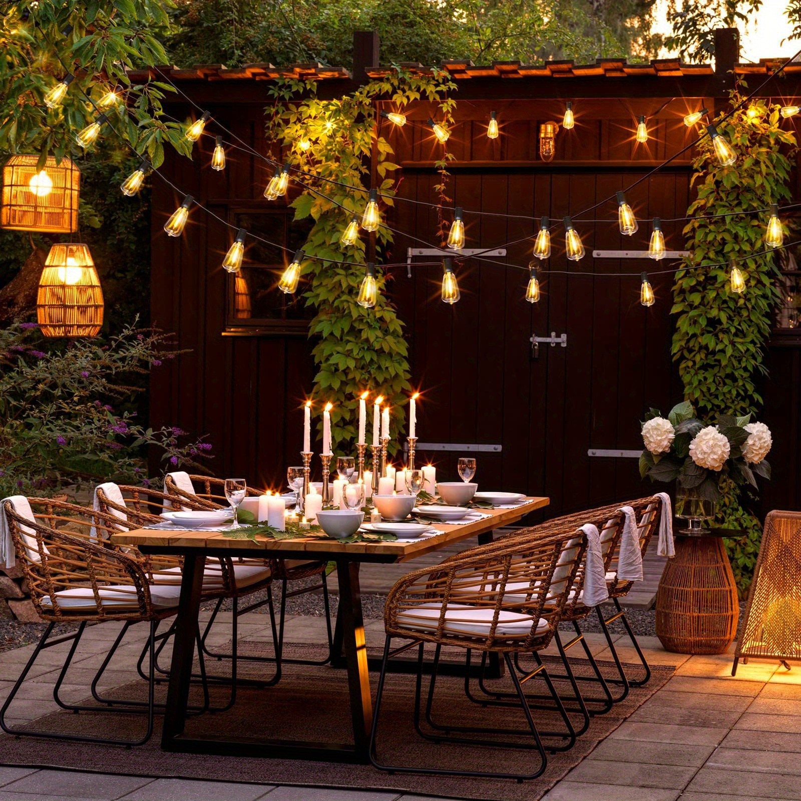 50FT Outdoor String Lights – LED Garden String Lights with Shatterproof ST38 Solar Retro Bulbs, Waterproof, Exterior Pendant Lights for Porch, Backyard, Cafe, Balcony, Bistro