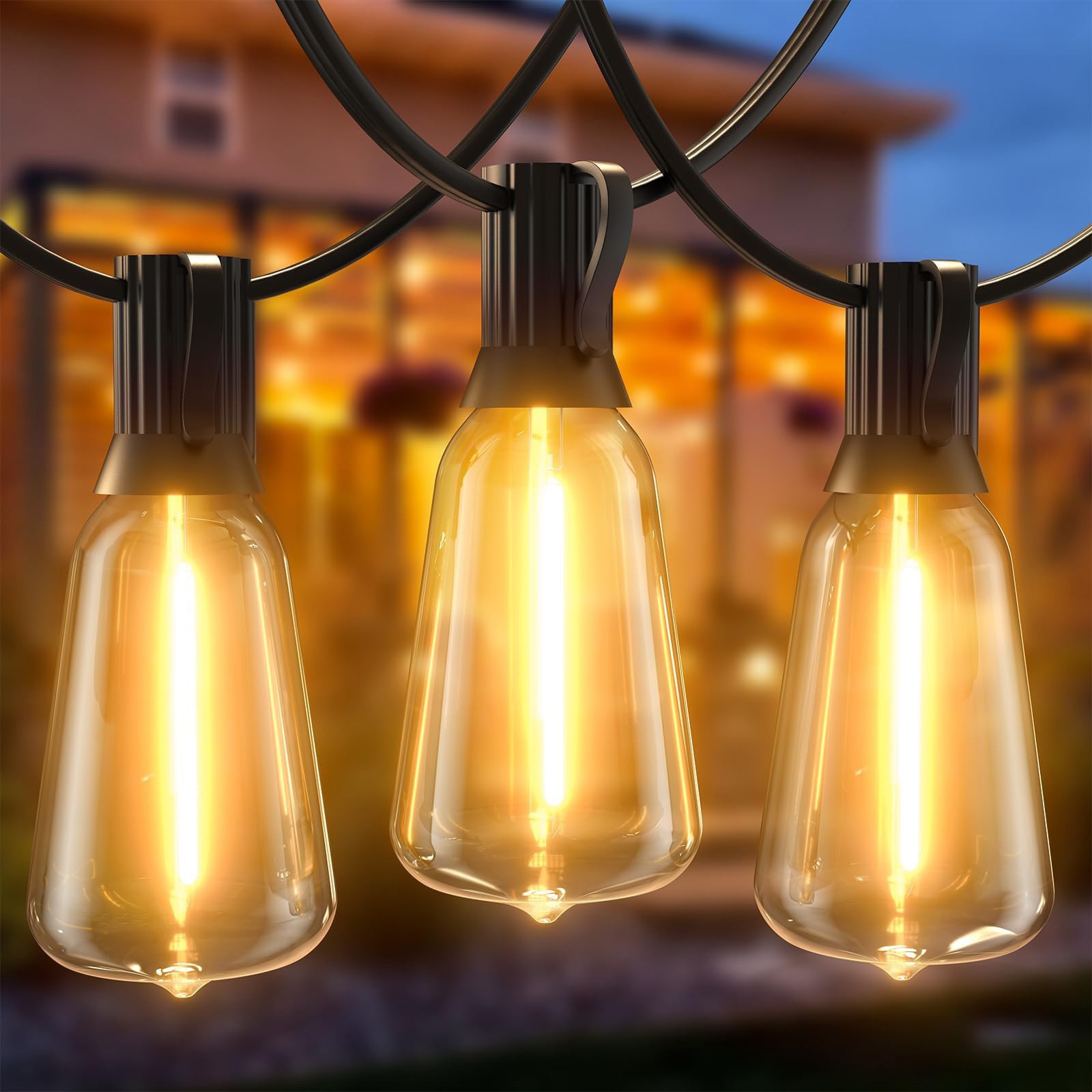 50FT Outdoor String Lights – LED Garden String Lights with Shatterproof ST38 Solar Retro Bulbs, Waterproof, Exterior Pendant Lights for Porch, Backyard, Cafe, Balcony, Bistro
