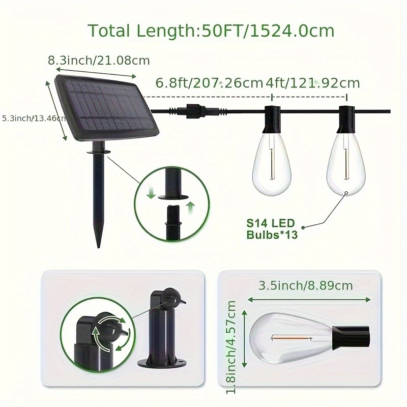 50FT Outdoor String Lights – LED Garden String Lights with Shatterproof ST38 Solar Retro Bulbs, Waterproof, Exterior Pendant Lights for Porch, Backyard, Cafe, Balcony, Bistro