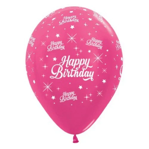 30cm Happy Birthday Fuchsia Metallic 6PK Latex Balloons - Pack of 6