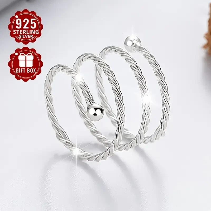 1pc 925 Sterling Silver Adjustable Twist Open Ring  Unisex Minimalist Elastic Ring for Daily Wear & Special Occasions | Elegant Jewelry Gift