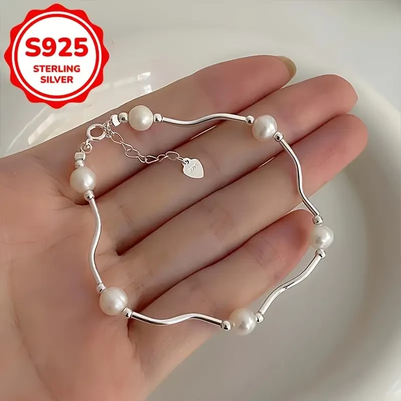 1pc Womens Elegant S925 Silver Faux Freshwater Pearl Bracelet  Hypoallergenic All-Season Jewelry for Daily Wear & Special Occasions
