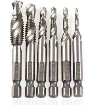 6pcs/set 1/4'' Hex HSS High Speed Steel Thread Spiral Screw M3 M4 M5 M6 M8 M10 Metric Composite Tap Drill Bit Tap
