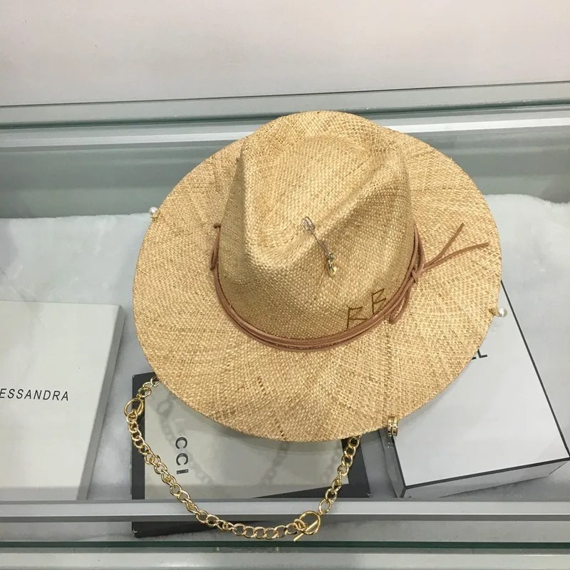 Summer Raffia Sunhat for Women with Chain and Pin Women's Straw Panama Hat