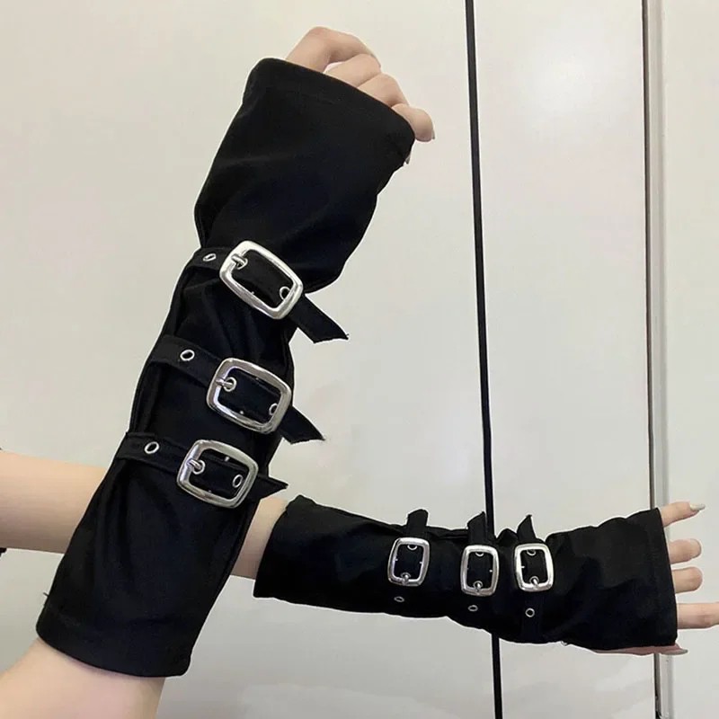 Dark Metal Button Cuffs Gothic Half Open Finger Wristband Gloves