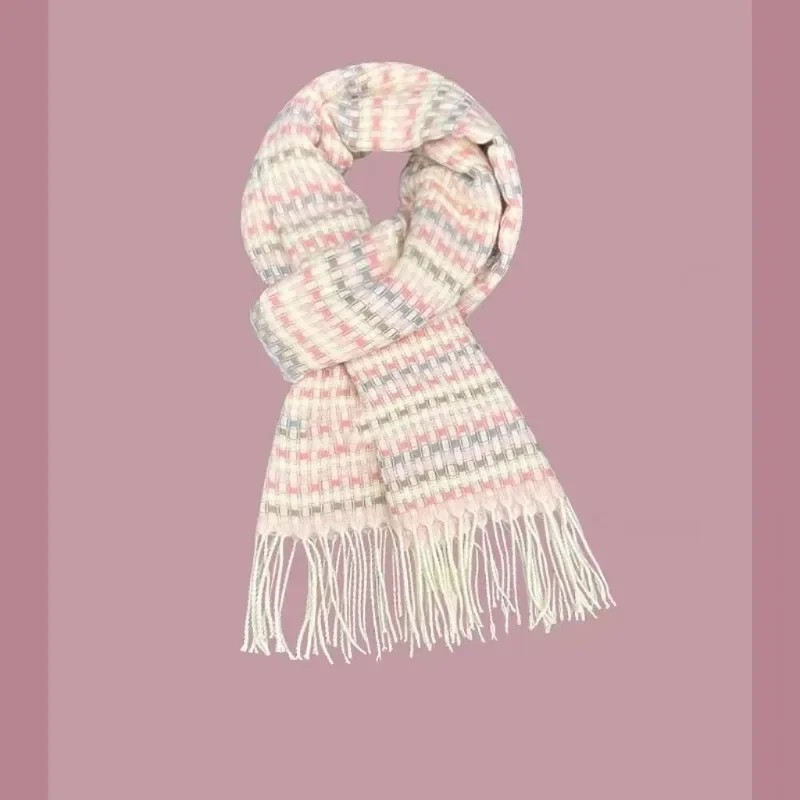 Fresh Light Pink Small Grid Imitation Cashmere Tassel Scarf