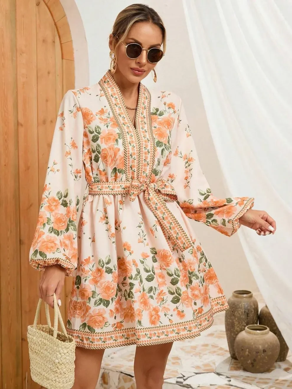 Winter European And American Flower Printing Long Sleeve Tied Dress