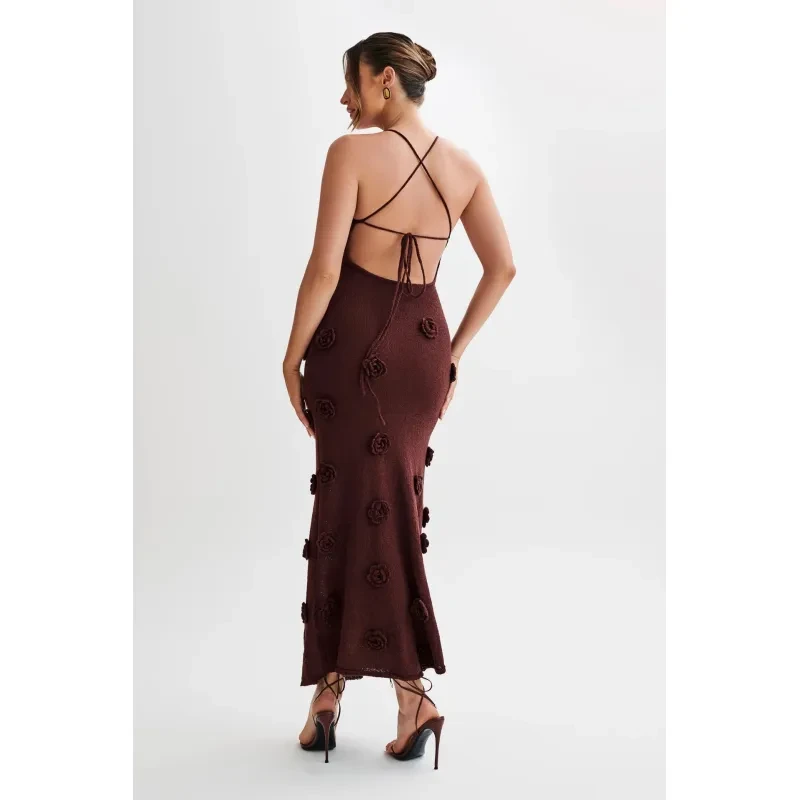 Women's Braces Skirt Three-dimensional Flower Knitted Backless Lace-up Dress