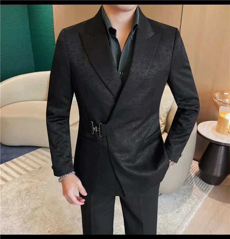 Men's Suit Metal Buckle Design Gun Collar Jacket