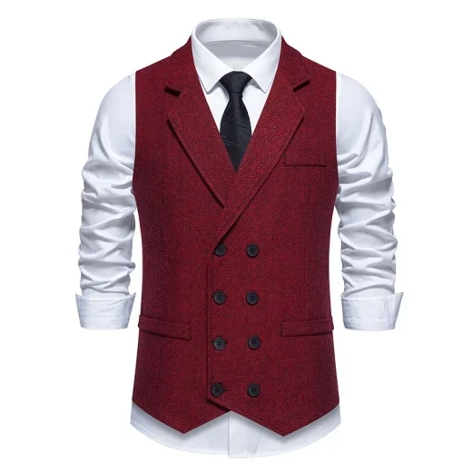 Men's Herringbone Tweed Suit Vest Retro Lapels Double Breasted Vest