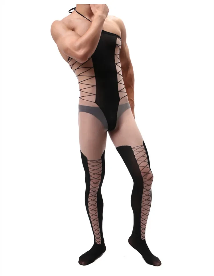 Men's Jacquard Sling One Piece Stockings Hollow Silky Transparent