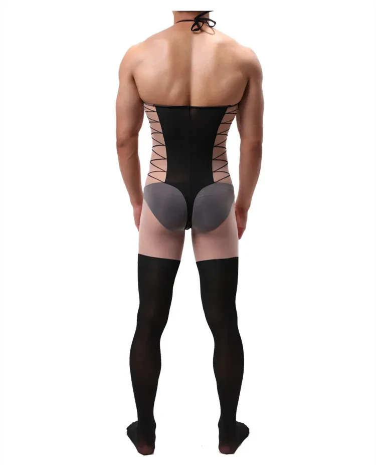 Men's Jacquard Sling One Piece Stockings Hollow Silky Transparent
