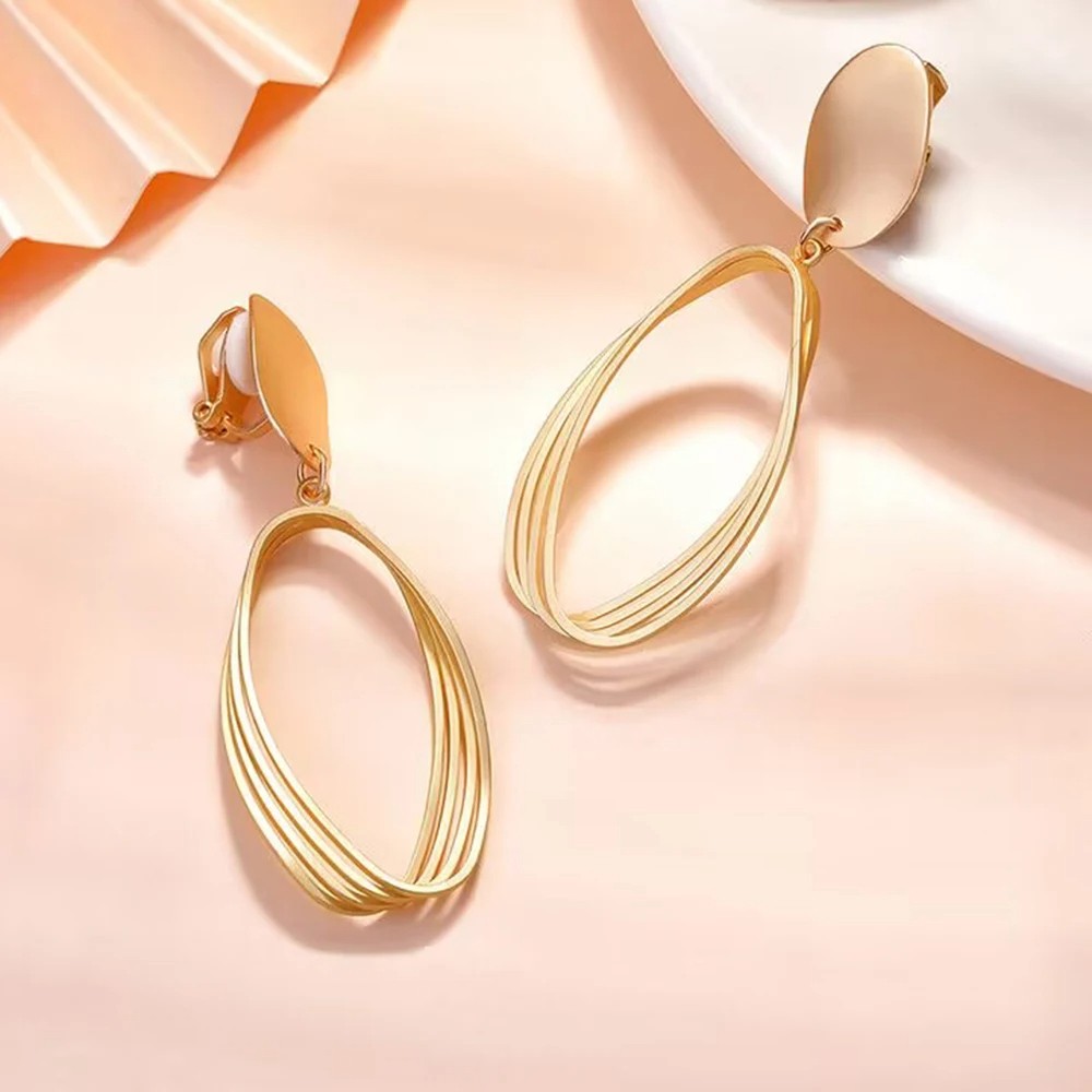 New Geometry Retro Metallic Gold Color Multiple Oval Pendant Clip Earrings - Fashion Jewelry for Wedding & Party