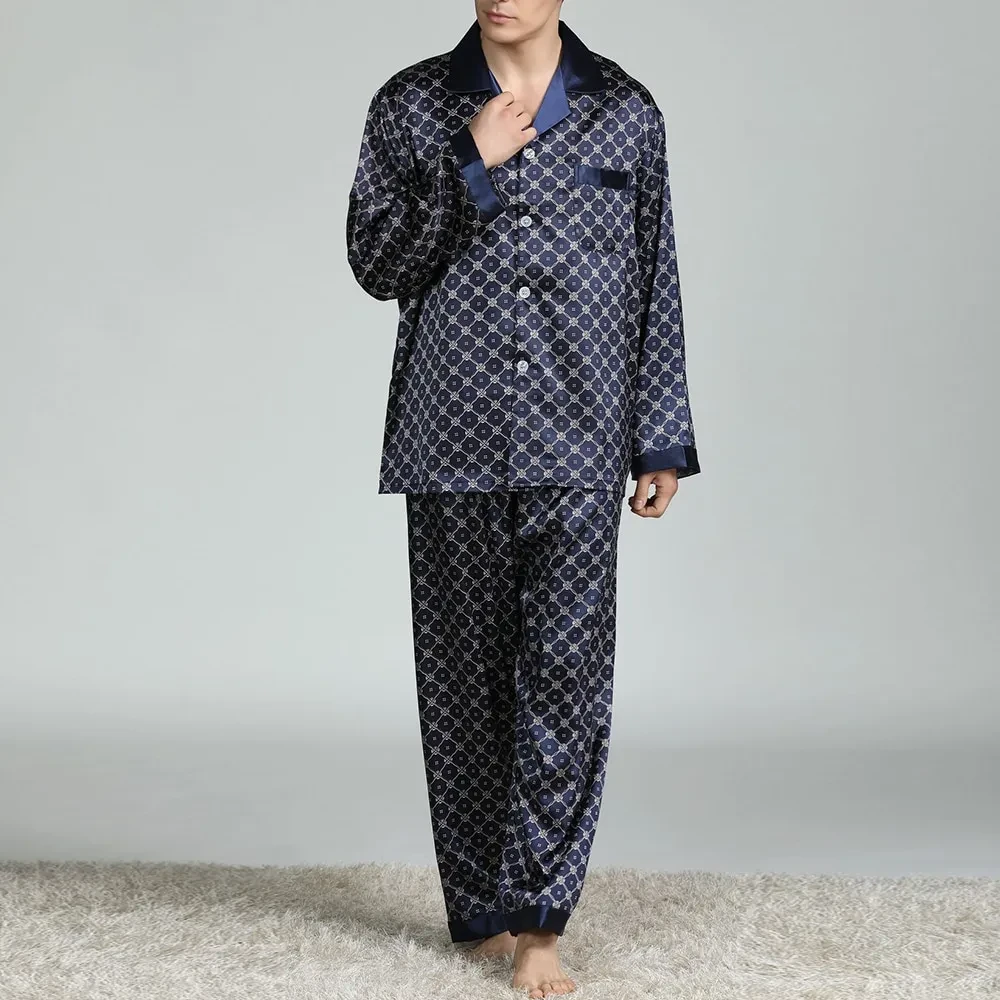 Men's Printed Silk Pajamas Spring And Summer Long-Sleeved Suit