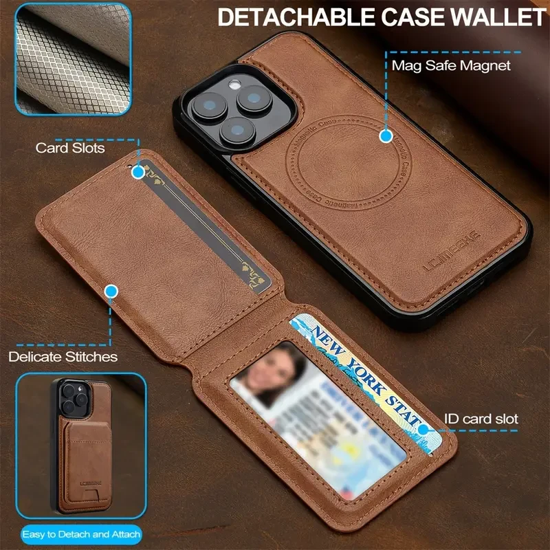 2in 1 Detachable Magnetic Faux Leather Wallet Case for iPhone 16 15 14 13 12 11 Pro Max