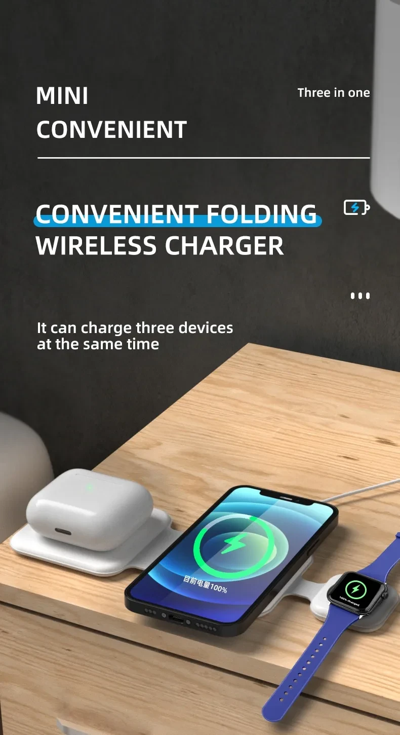 3 In 1 Magnetic Foldable Wireless Charger Charging Station Multi-device Folding Cell Phone Wireless Charger Gadgets