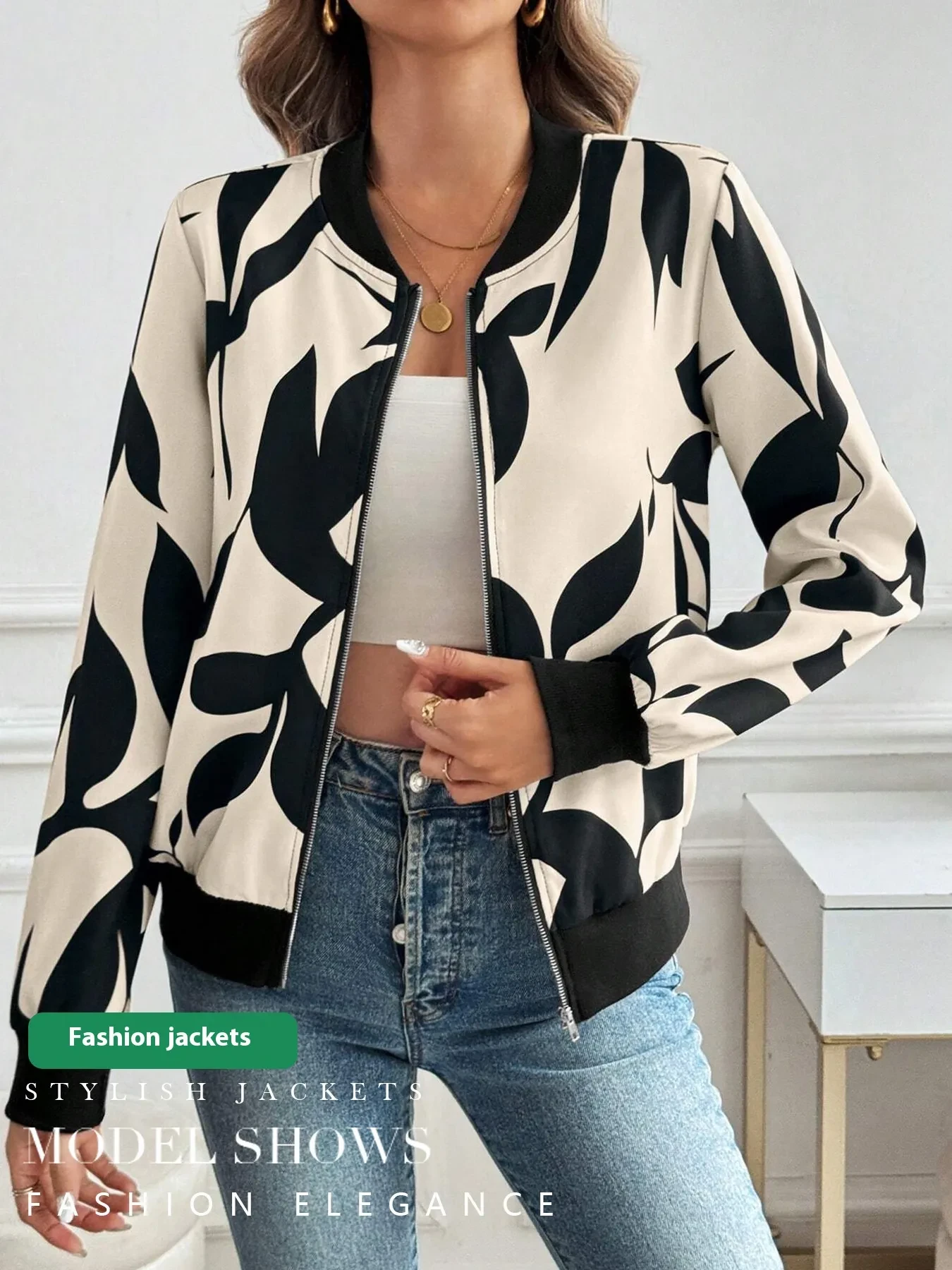 Printed Zipper Slimming Temperament Commute Casual Jacket