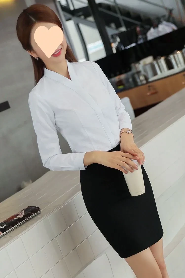 Uniform Striped High Cotton Blouse White Long Sleeve Slim-fit Top