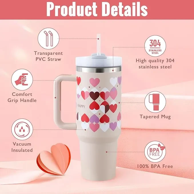 40 Oz Tumbler With Handle Straw Insulated, Stainless Steel Spill Proof Vacuum Coffee Cup Tumbler With Lid Tapered Mug Gifts For Valentine Lover Suitable For Car Gym Office Travel