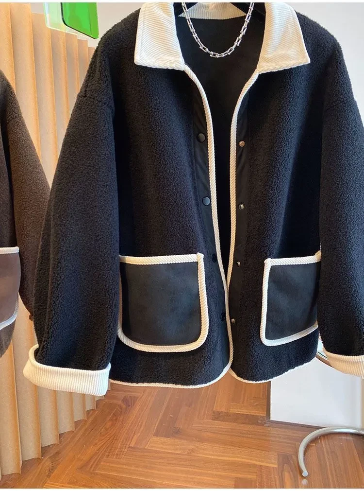 Lamb Wool Women's Loose Slimming Thickened Warm Plus Size Splicing Coat