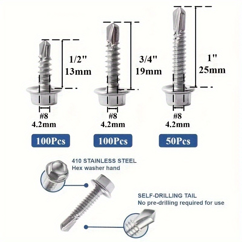 250pcs 410 Stainless Steel #8 Self-Tapping TEK Screws Assortment Kit – Hexagon Self-Drilling Screws for Metal, Furniture, Building & Repairing with Hex Washer Head, Includes Hex Nut Driver