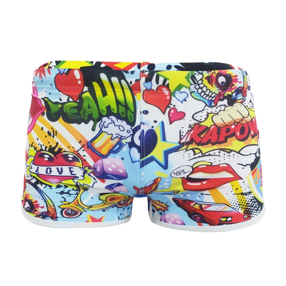 Funny Cartoon Printed Boxer Swimming Trunks Men