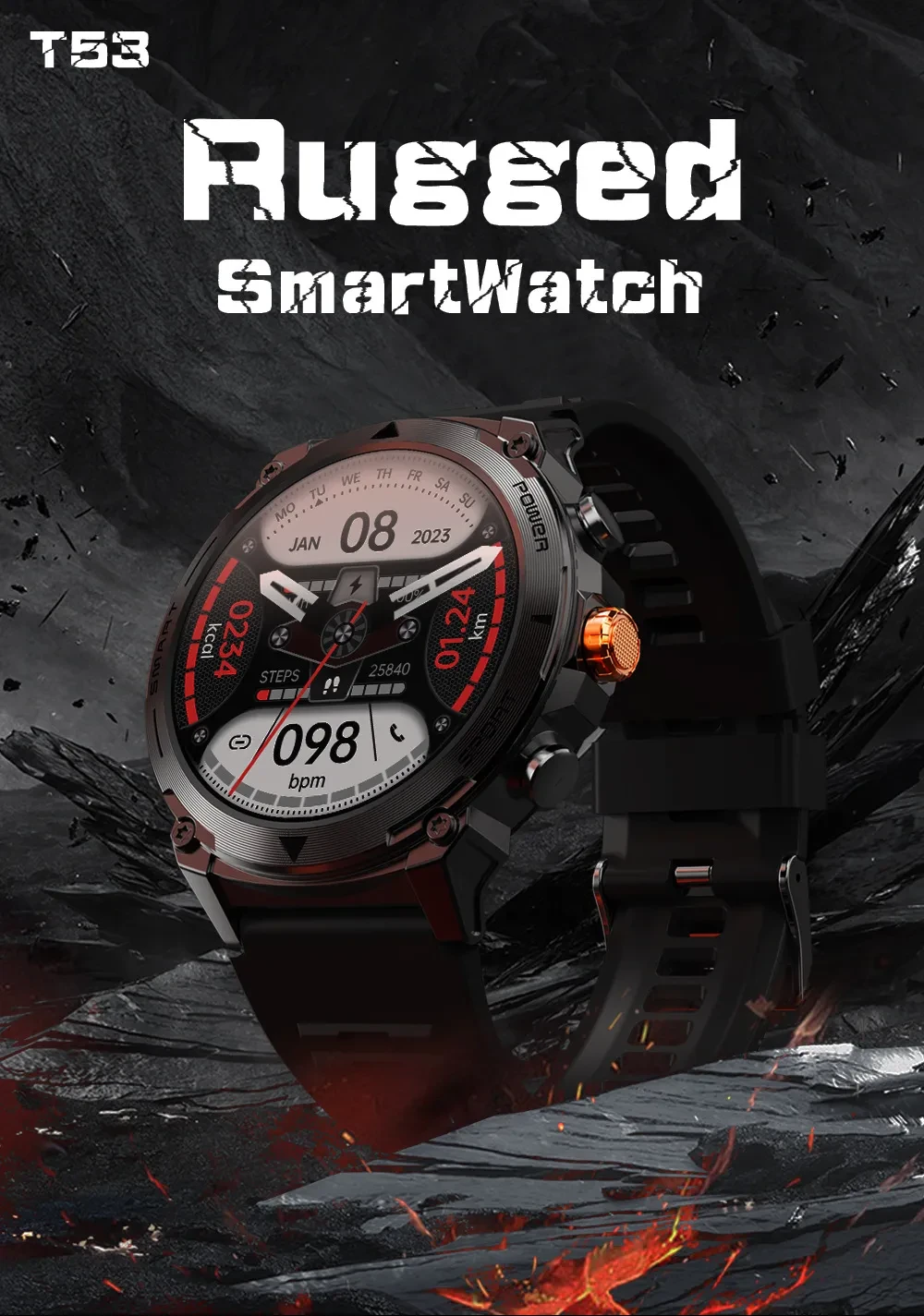 T53 Bluetooth Calling Outdoor Three-proof Sport Watch 143-inch AMOLED Heart Rate Blood Pressure Smart Watch