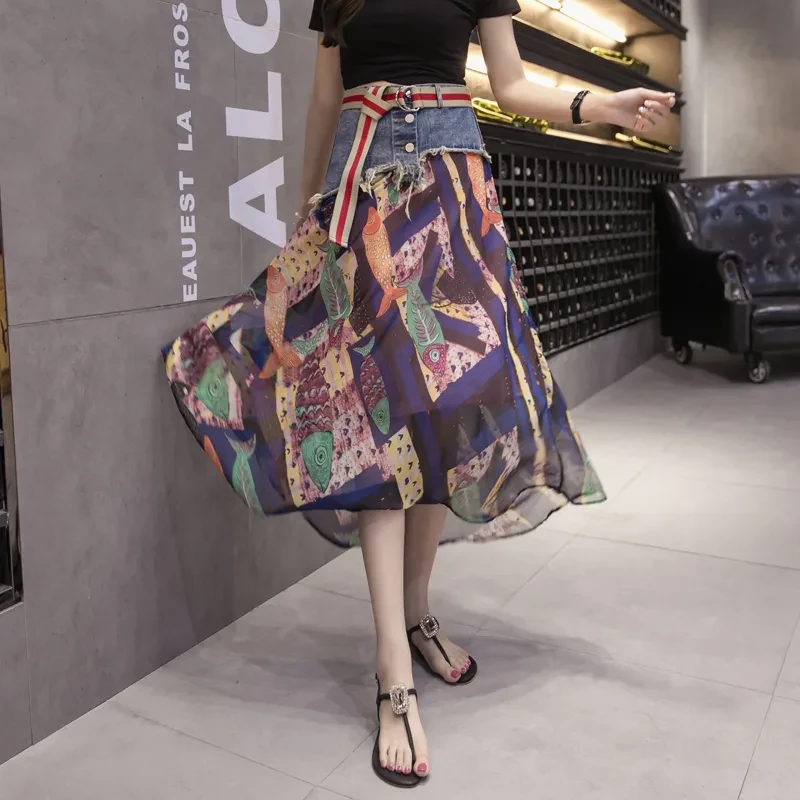 Mesh Stitching Denim Skirt Skirt