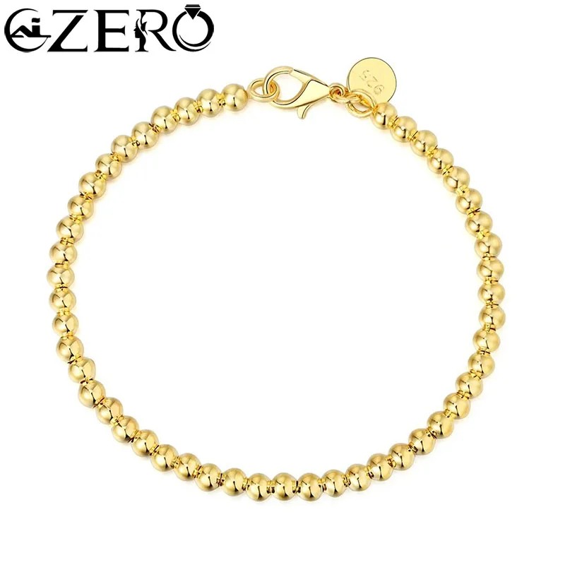 For Women 925 Sterling Silver 4mm Bead Gold Color Chain Bracelet