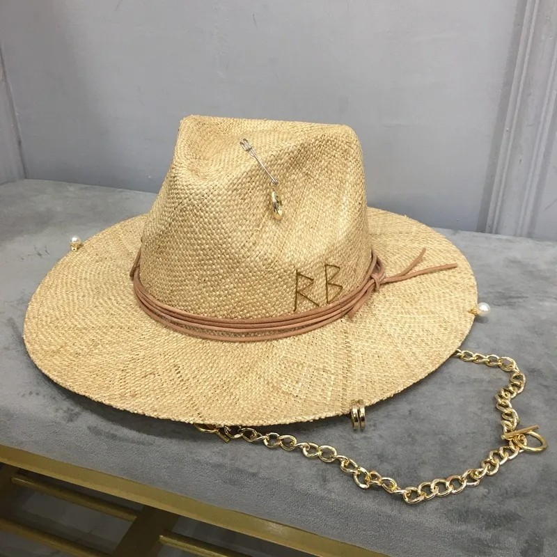 Summer Raffia Sunhat for Women with Chain and Pin Women's Straw Panama Hat