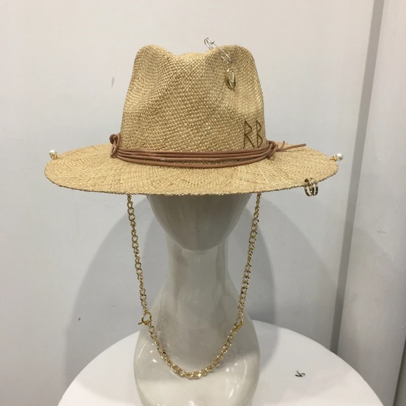 Summer Raffia Sunhat for Women with Chain and Pin Women's Straw Panama Hat